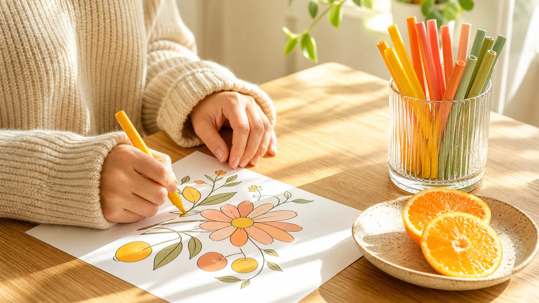 A cozy mindful winter blues coloring setup with warm golden sunlight, vibrant markers, and fresh clementines