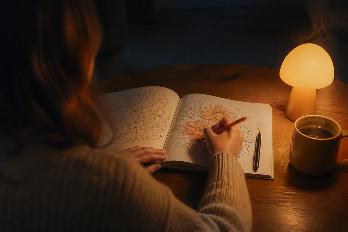 Person coloring a page and writing a margin note by warm lamp light