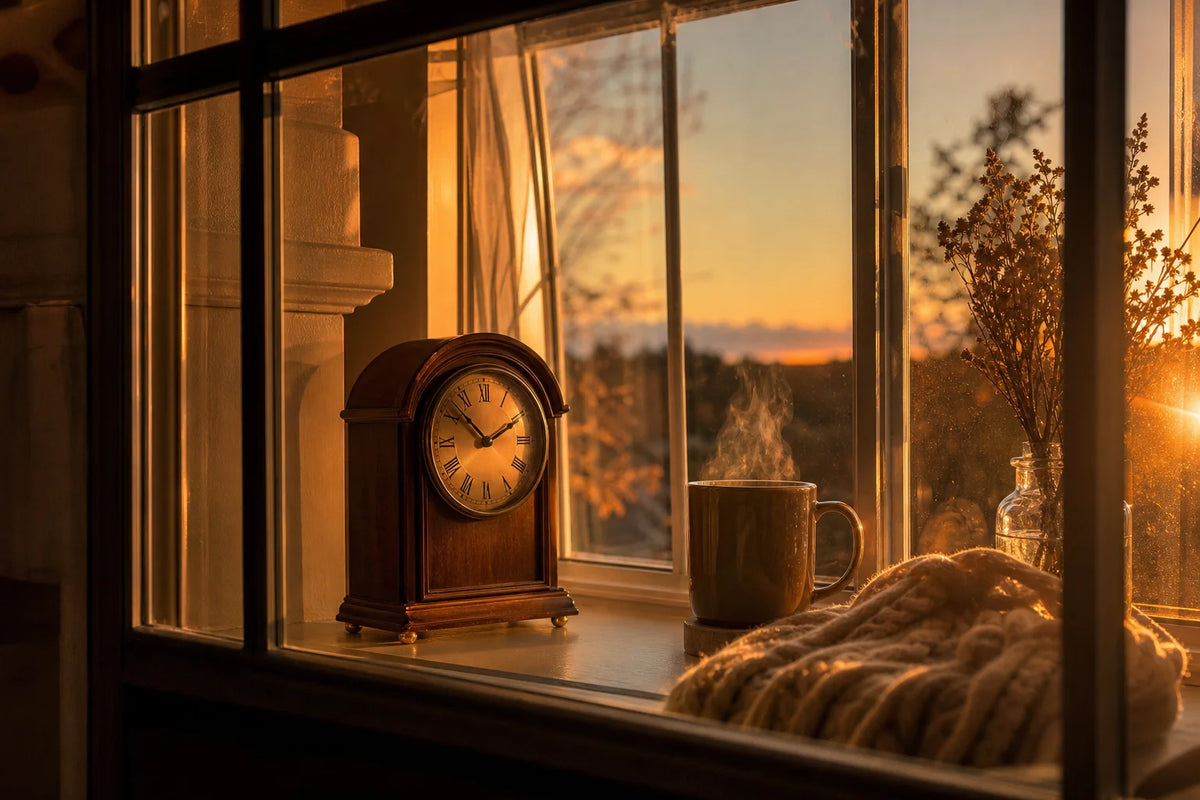 Golden hour window with a mantel clock and mug
