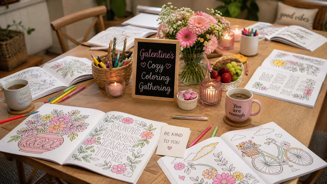 A warm and inviting Galentine's cozy coloring party table setup with coloring pages, markers, and fresh pastries