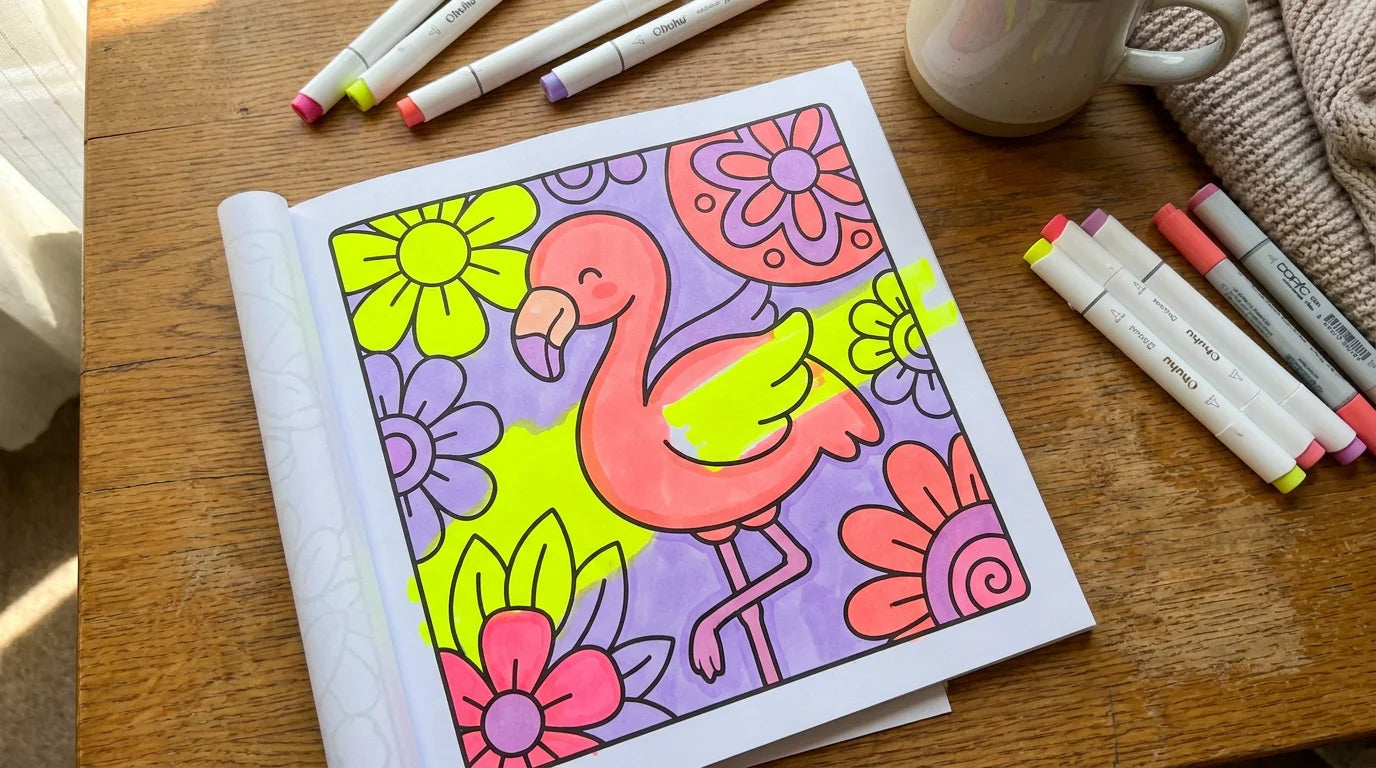A bold and easy coloring page with a chubby flamingo, colored with vibrant markers and a little neon outside the lines