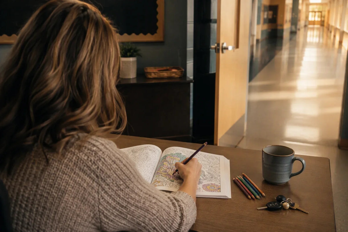School staff member coloring at the end of the school day