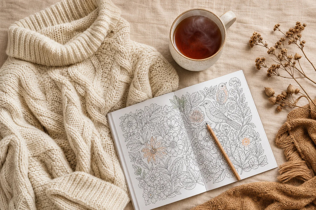 Top-down flatlay of a knit sweater, mug, and coloring book