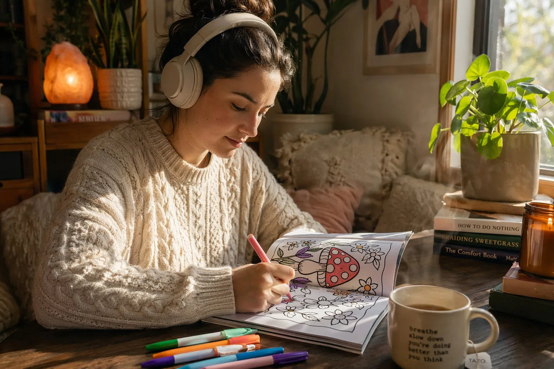 Peaceful sensory sanctuary coloring session with headphones and tea