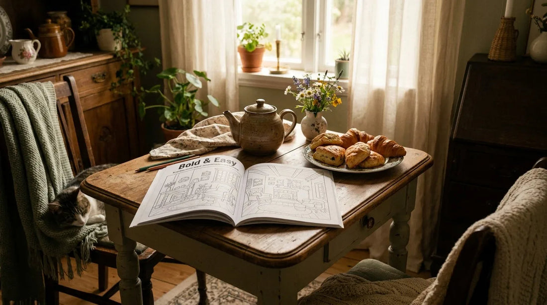 Cozy cottagecore coloring corner with vintage table and tea