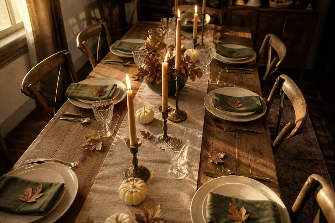 Thanksgiving tablescape preparation in golden afternoon light with linen runner and taper candles