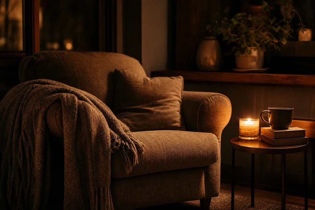 Candlelit nesting corner with an armchair and blanket