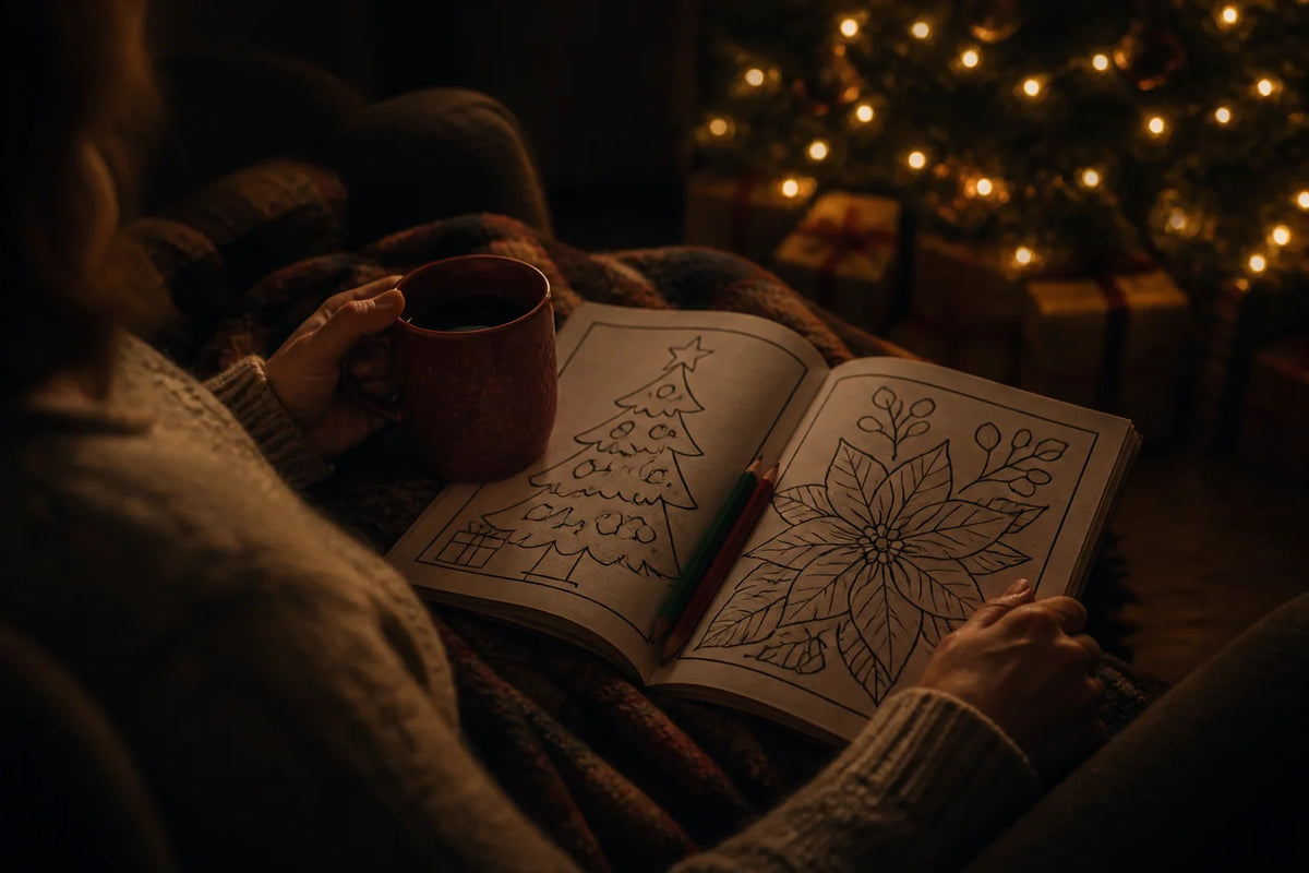 Cozy Christmas Eve midnight wind-down: hands holding a warm cranberry mug and coloring book beside glowing Christmas tree lights