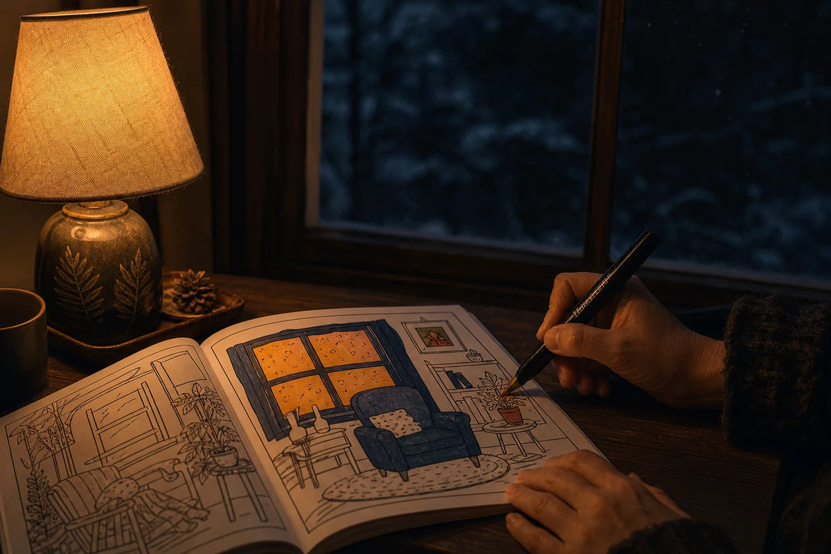 Close-up of a hand holding a black marker, coloring an open bold and easy coloring book under a single warm table lamp, deep blue-black winter night outside the window
