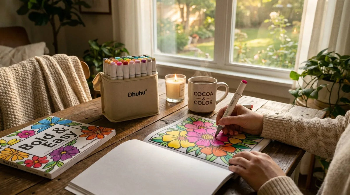 Cozy sanctuary coloring setup with bold lines and vibrant markers