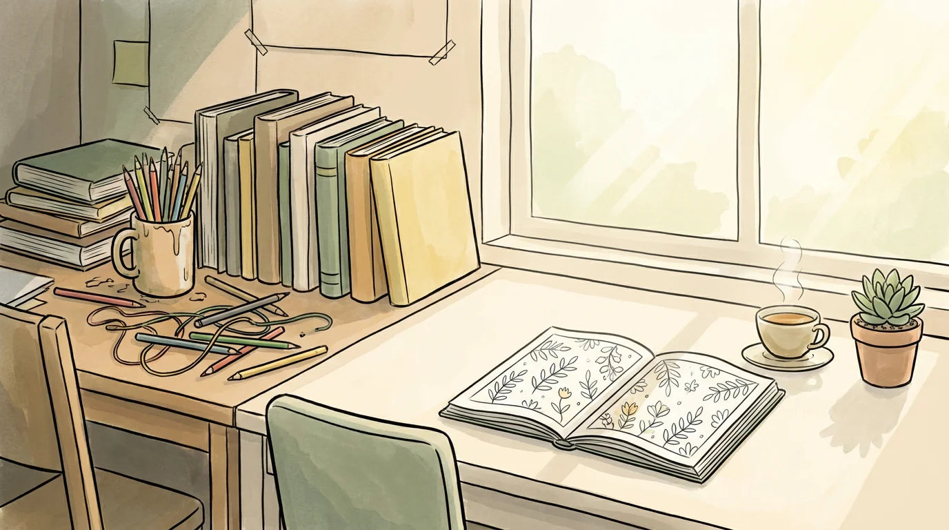 A cozy desk with a coloring book, tea and pencils