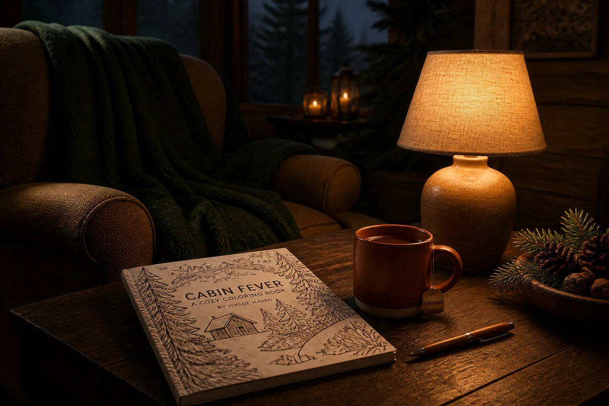 Cozy December evening reset scene with warm lamplight, forest green blanket, terracotta mug, and coloring book on wooden coffee table