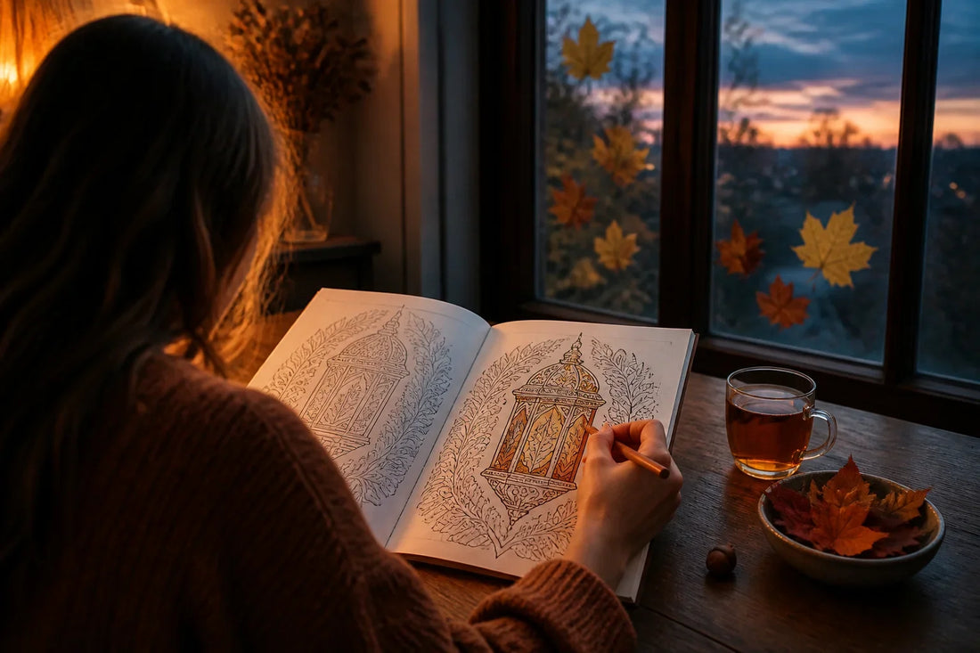 Person coloring a symmetrical lantern page beside a window at dusk on the autumn equinox