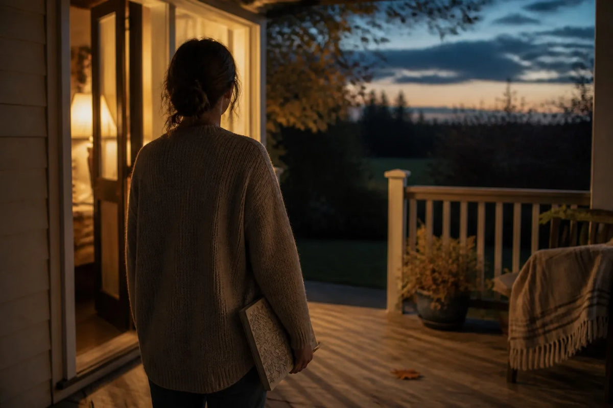 Person on a porch at dusk holding a coloring book on the first cool evening of autumn