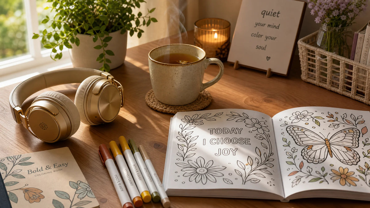 A peaceful ASMR coloring desk with vintage headphones, warm brass lamp, herbal tea, and an open coloring book
