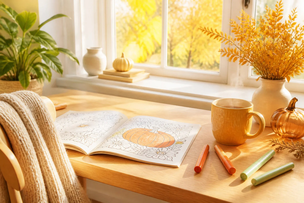 Bright and warm autumn afternoon wind-down setup: golden sunlight on a light oak desk with yellow mug, open coloring book, and markers