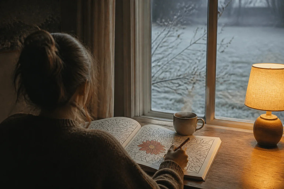 Person coloring by a frosted window on a first frost morning