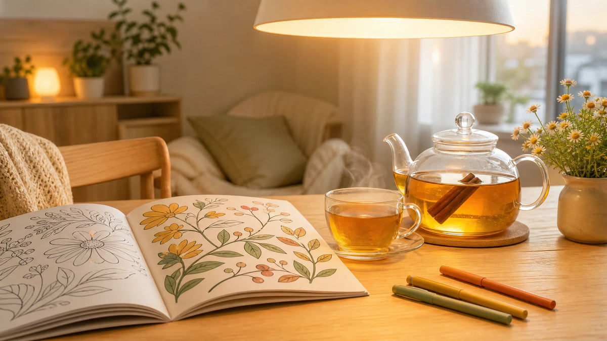 A bright, peaceful Dry January evening setup at 8 PM with herbal tea, an open coloring book, and warm ambient light