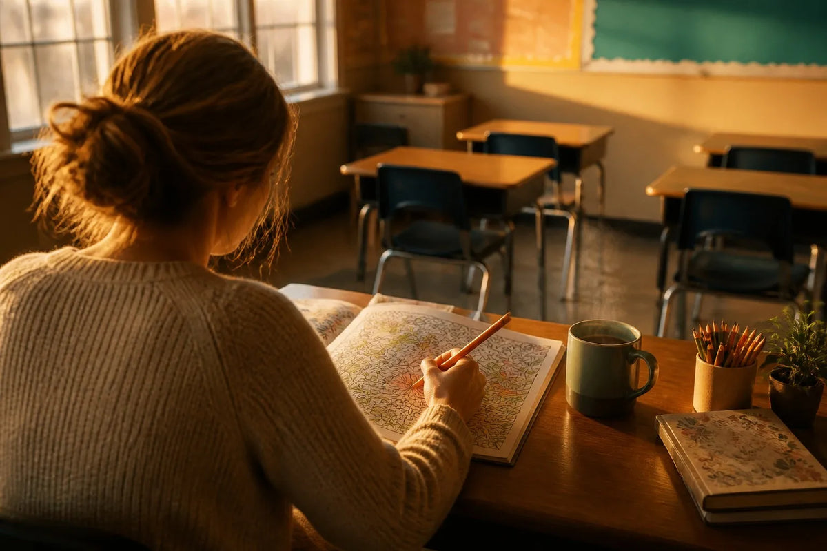 Teacher coloring alone at a classroom desk after school with a mug and empty desks in warm sunlight