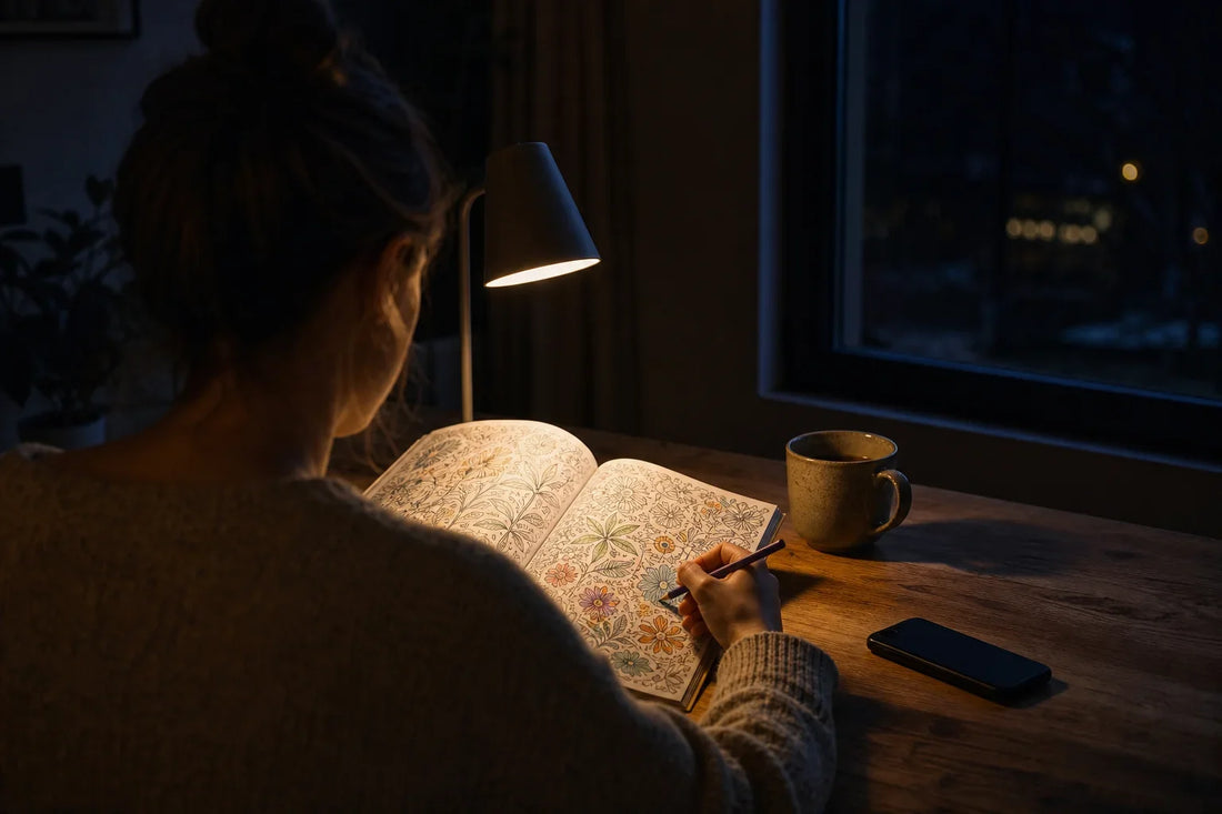 Person coloring by a single lamp after sunset, phone face down
