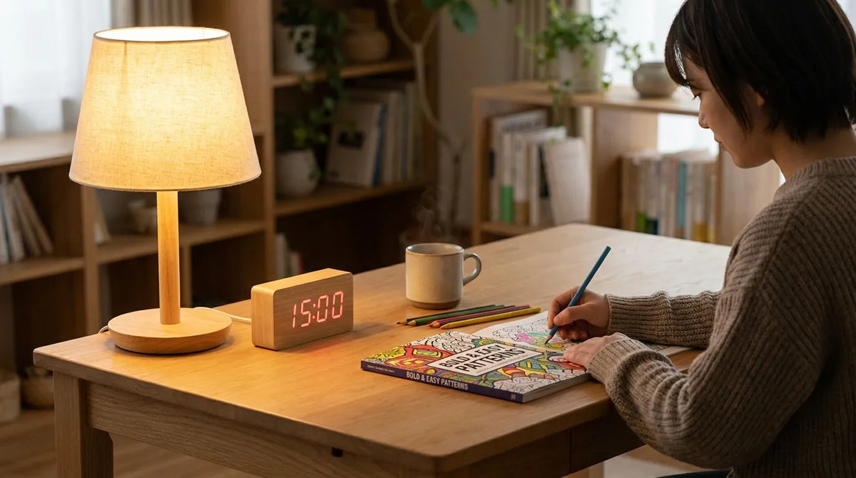 Peaceful ADHD brain reset coloring session with warm lamp and timer