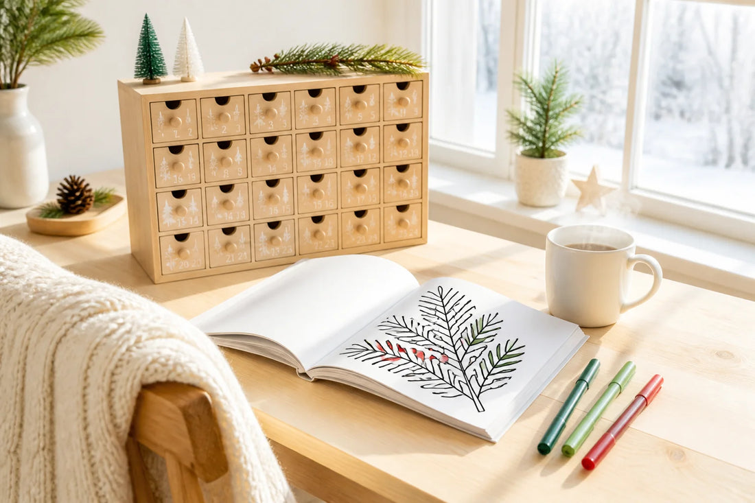Bright and warm advent coloring countdown morning setup with miniature wooden advent box, white mug, open coloring book, and markers