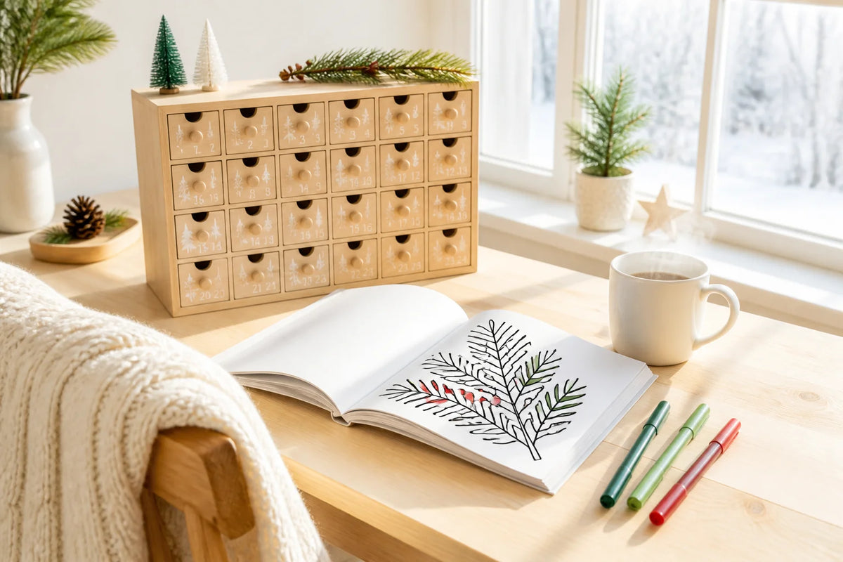 Bright and warm advent coloring countdown morning setup with miniature wooden advent box, white mug, open coloring book, and markers