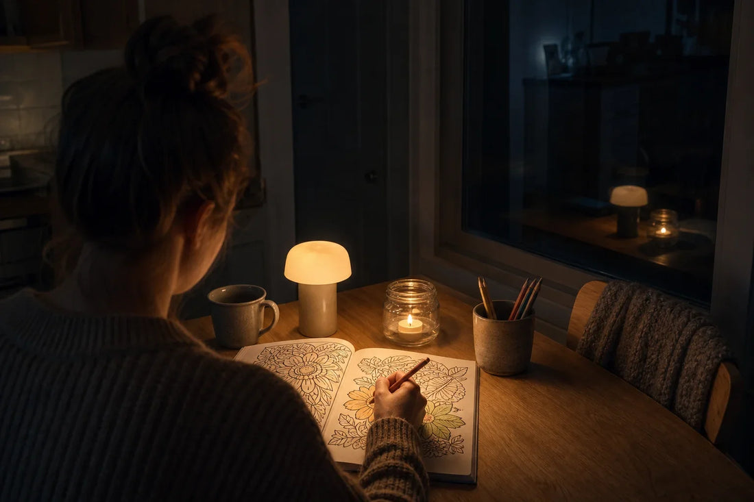 Person coloring by a low lamp and a jar candle at a kitchen table after dark