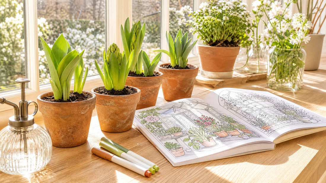 A serene late winter thaw sunroom garden ledge with potted seedlings, open coloring book, and warm afternoon sunlight