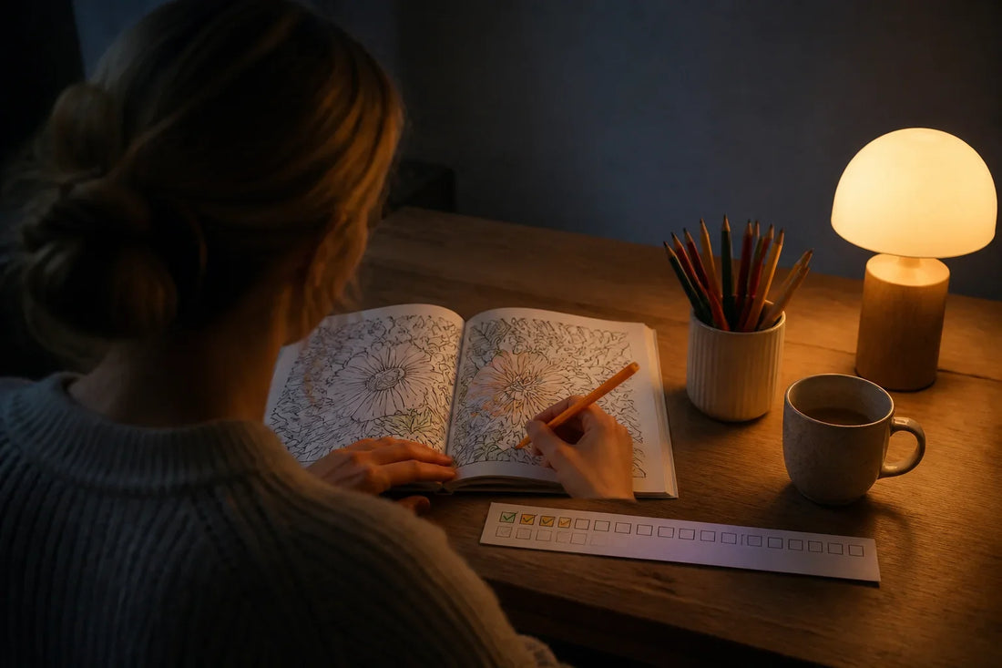 Person coloring with a thirty-square habit tracker on the table, lit by a lamp
