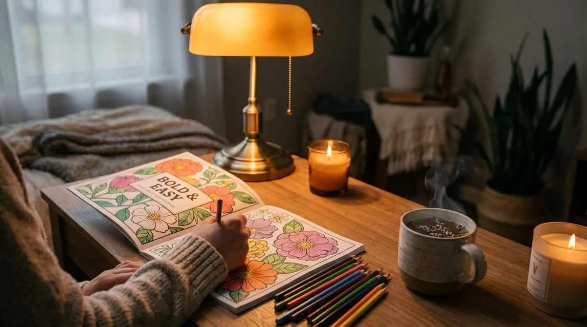 Cozy evening coloring session with lavender tea and candle for anxiety relief