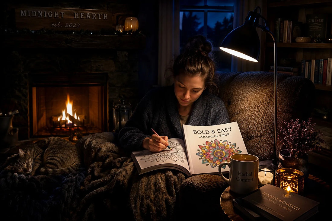 Cozy late-night coloring sanctuary with a warm fireplace and a cat