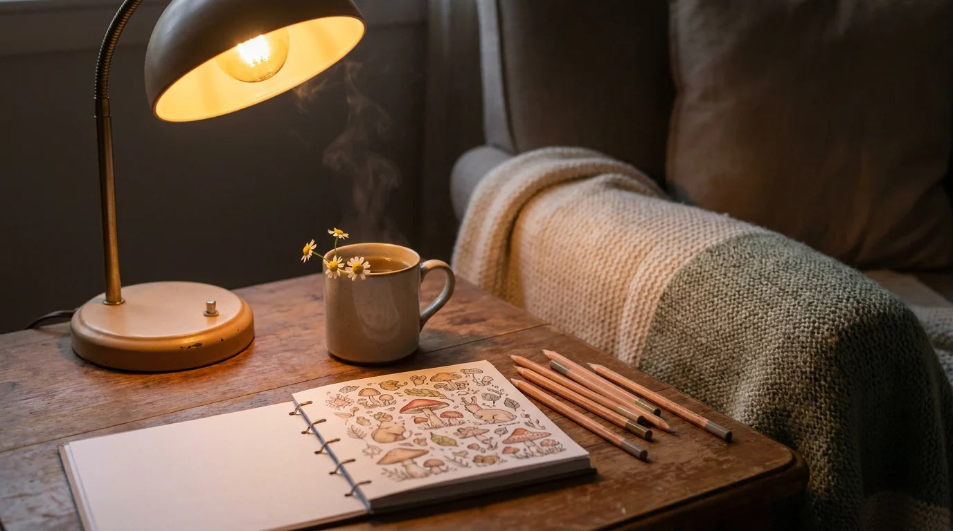 A warm, cozy evening desk bathed in soft golden lamp light with a steaming mug of chamomile tea, an open hand-drawn cottagecore mushroom coloring book, and scattered colored pencils on a rustic wooden table