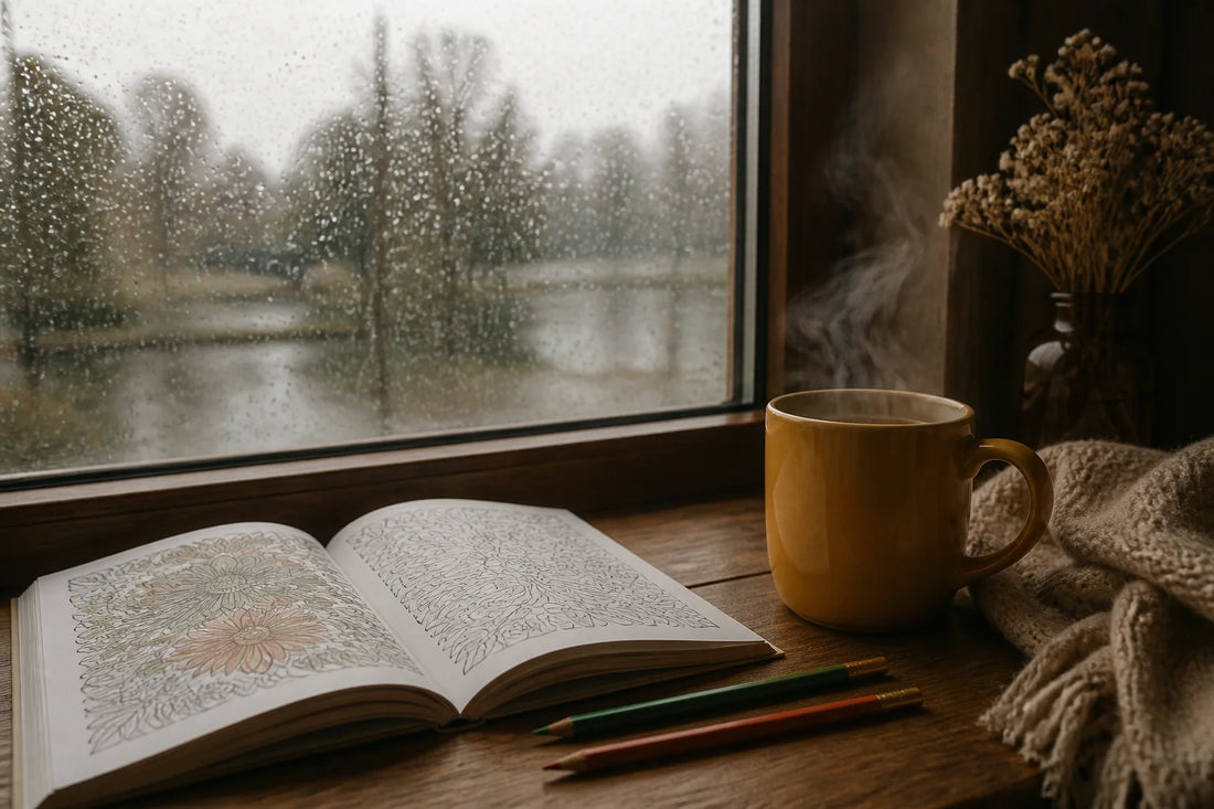 A cozy wooden windowsill with an open coloring book, a steaming honey-yellow mug and colored pencils next to a rain-streaked window in soft daylight