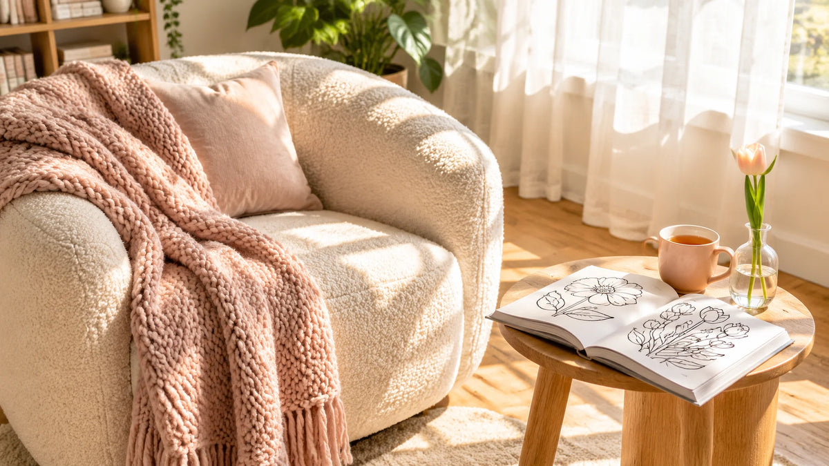 A serene Valentine self-love reading nook in warm golden afternoon sunlight with an open coloring book, tea, and a pastel tulip
