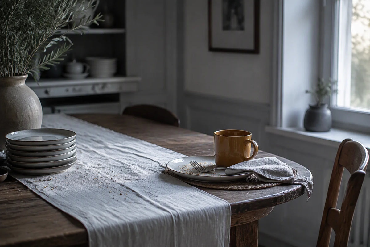 A dining table cleared the morning after a gathering: folded linen runner, stacked plates, one place setting with a mustard mug, soft pale morning light