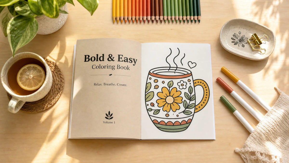 A liberating flat-lay coloring desk with an open book, three markers, and bright morning sunlight