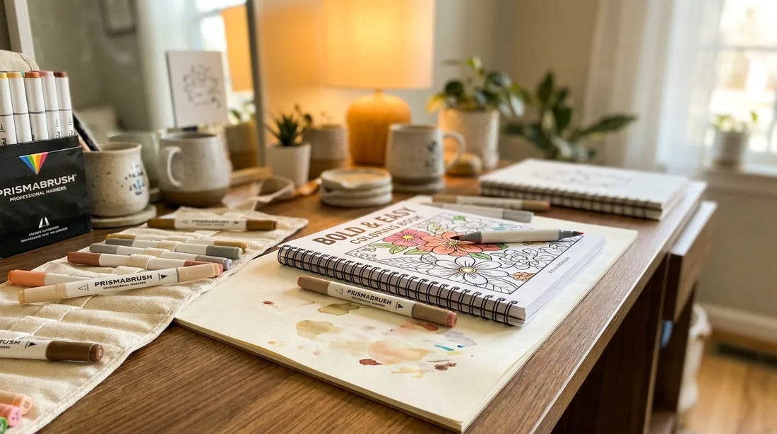 Professional marker coloring setup with blotter page and bold line art book