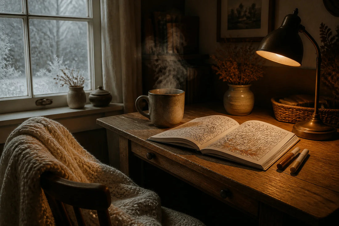 Cozy slow January morning vignette: rustic wooden desk beside a frosted window with hot steaming mug, warm desk lamp, and open coloring book