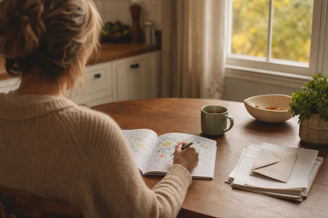 A parent coloring at the kitchen table after the school run