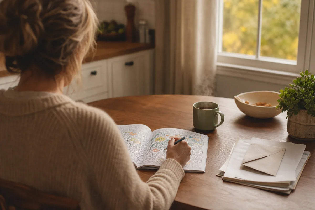 A parent coloring at the kitchen table after the school run