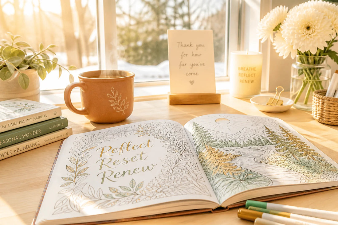 Bright and warm year-end reflection coloring setup with open coloring book, terracotta mug, pastel markers, and golden winter afternoon sunlight