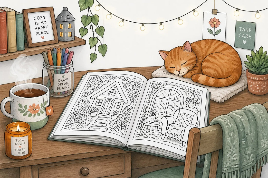 Cozy desk with open coloring book, tea and cat