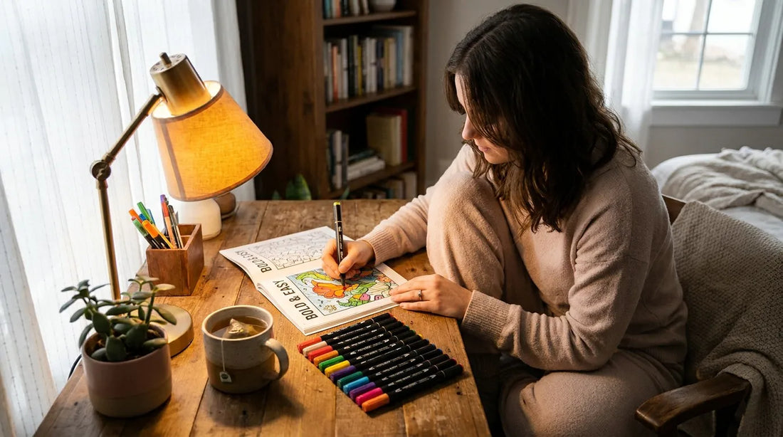 Peaceful ADHD art therapy session with warm lamp and markers