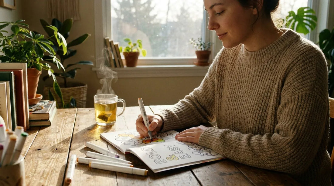 Cozy desk setup with bold and easy coloring book and tea for concentration