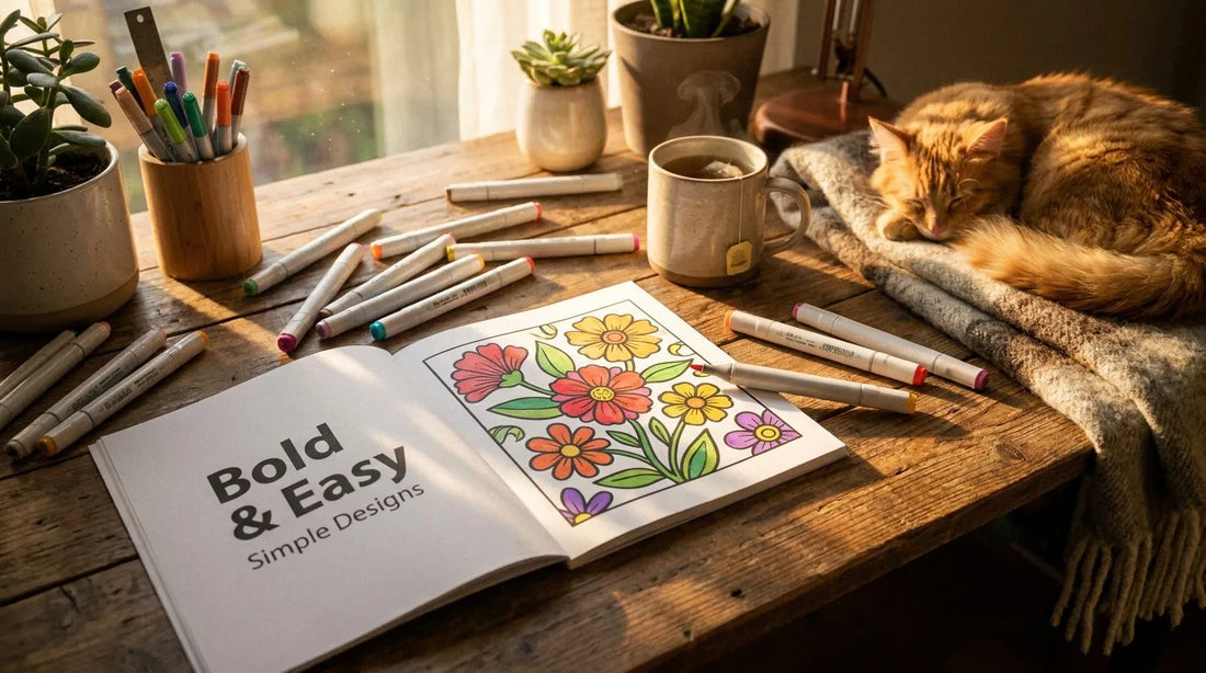 Cozy coloring setup with bold and easy book and a cute cat