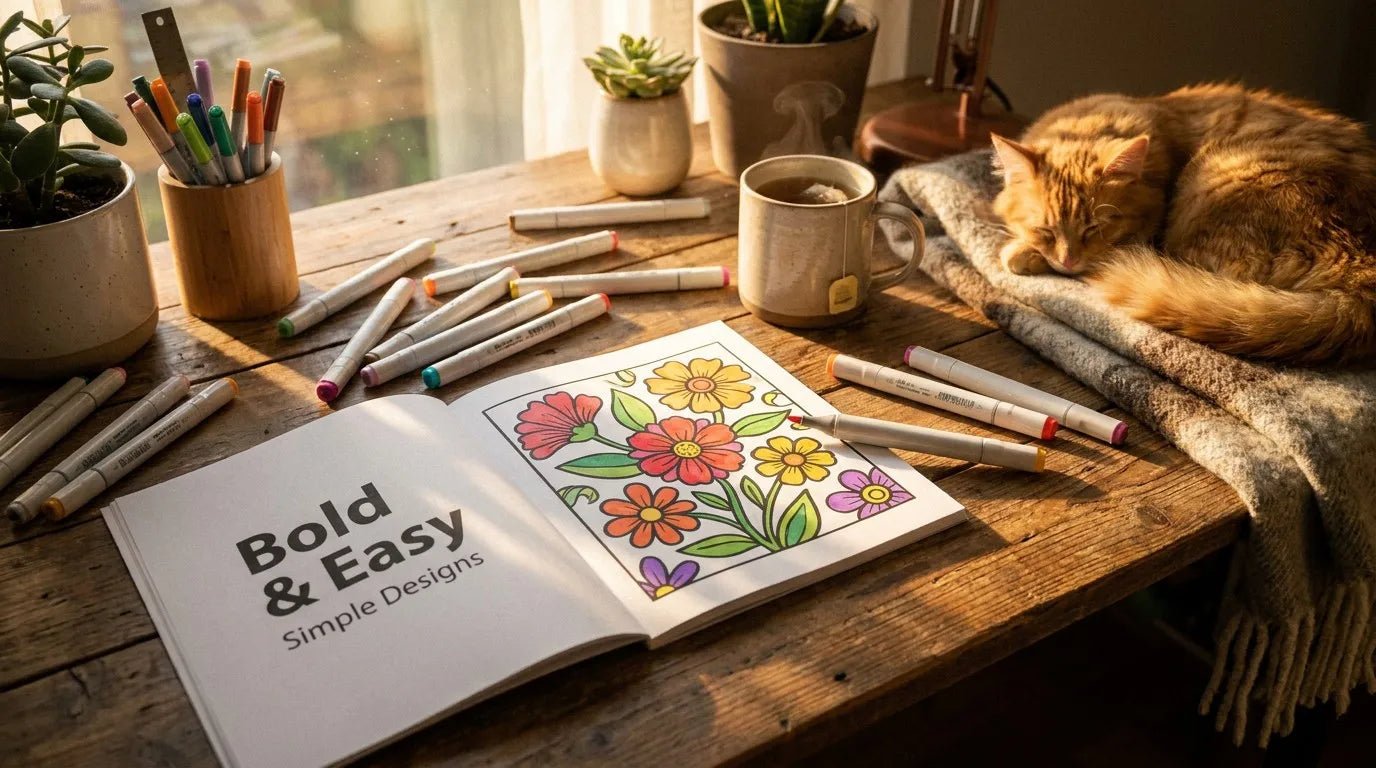 Cozy coloring setup with bold and easy book and a cute cat