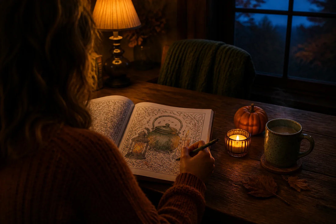 Cozy Halloween coloring evening at a candlelit table