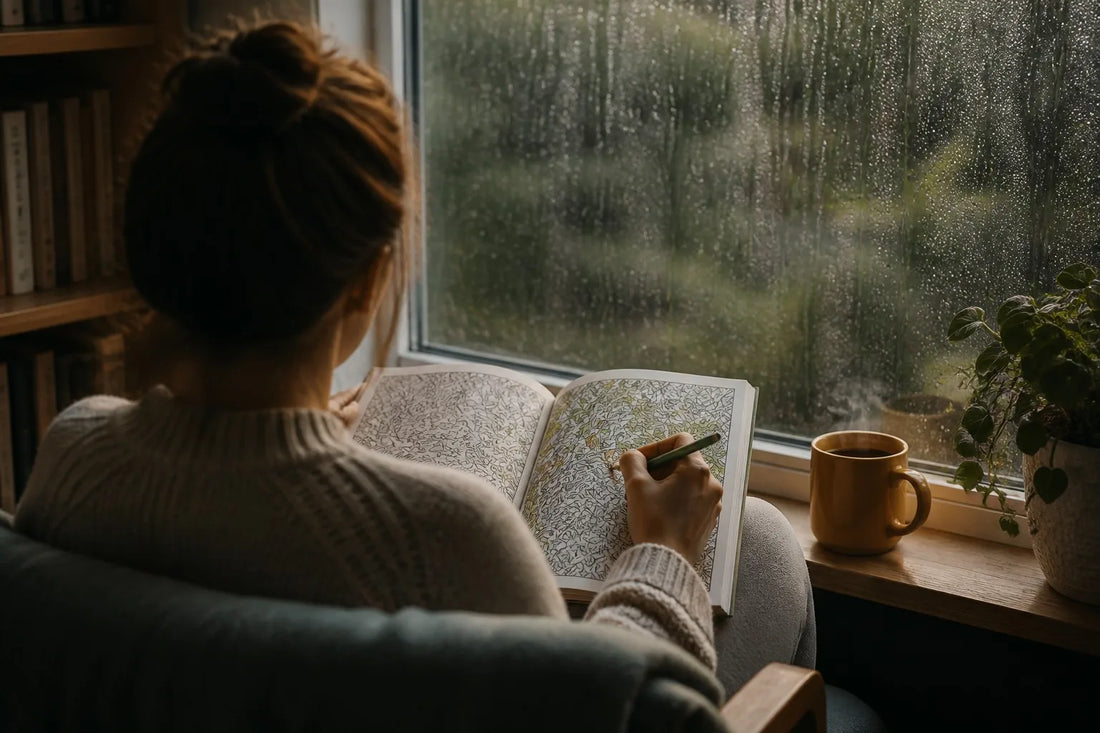 Person coloring at a rain-streaked window with a mug on the windowsill on a rainy afternoon