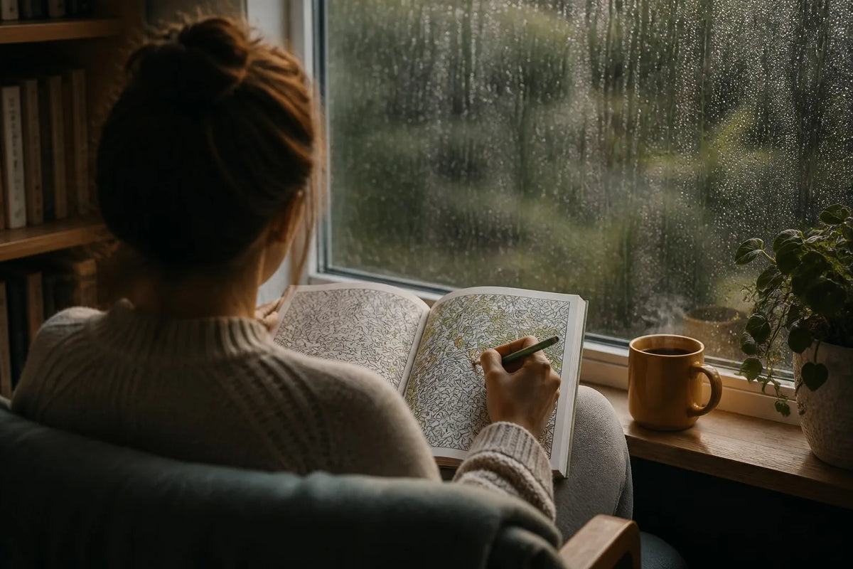 Person coloring at a rain-streaked window with a mug on the windowsill on a rainy afternoon